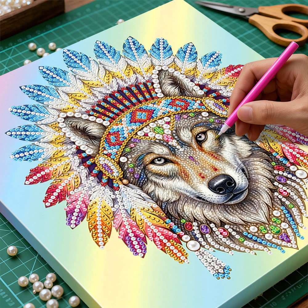 Diamond Painting | Pearl Painting | Tribal Wolf adorned with Feathers