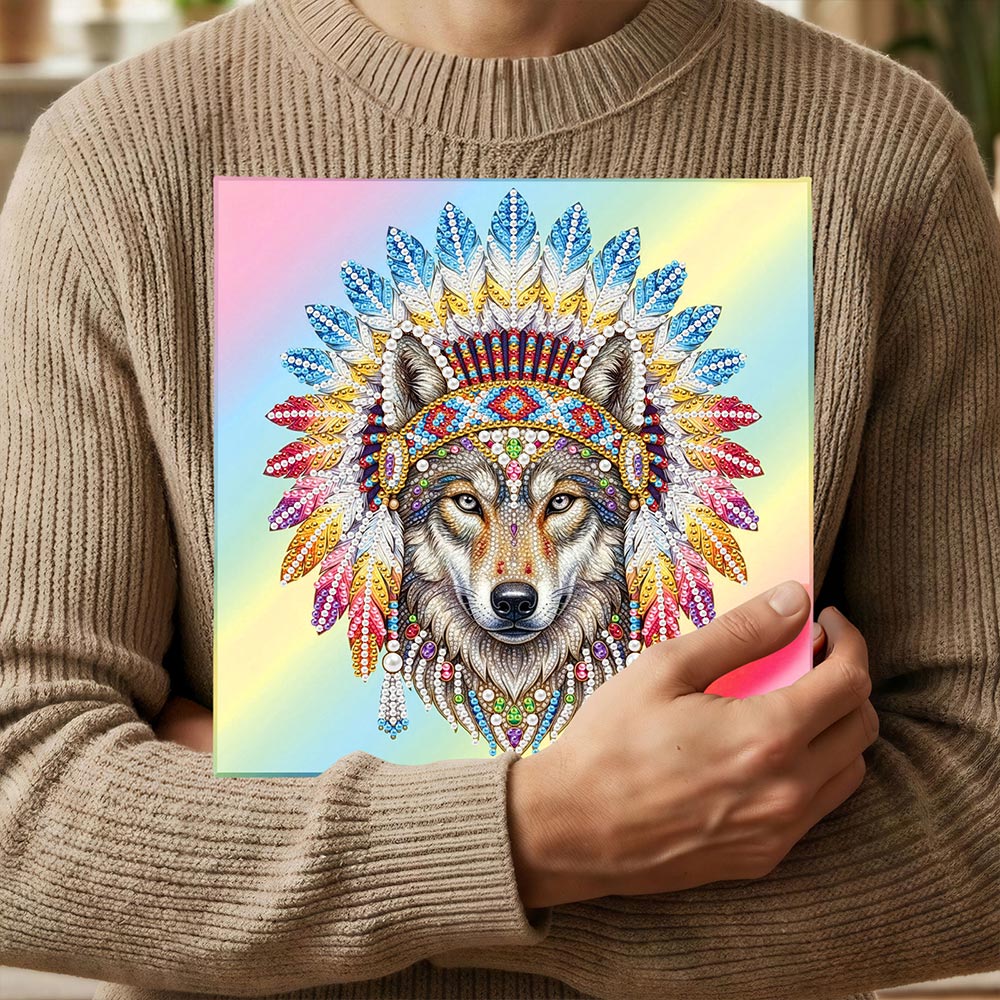 Diamond Painting | Pearl Painting | Tribal Wolf adorned with Feathers