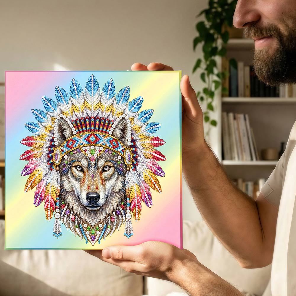 Diamond Painting | Pearl Painting | Tribal Wolf adorned with Feathers
