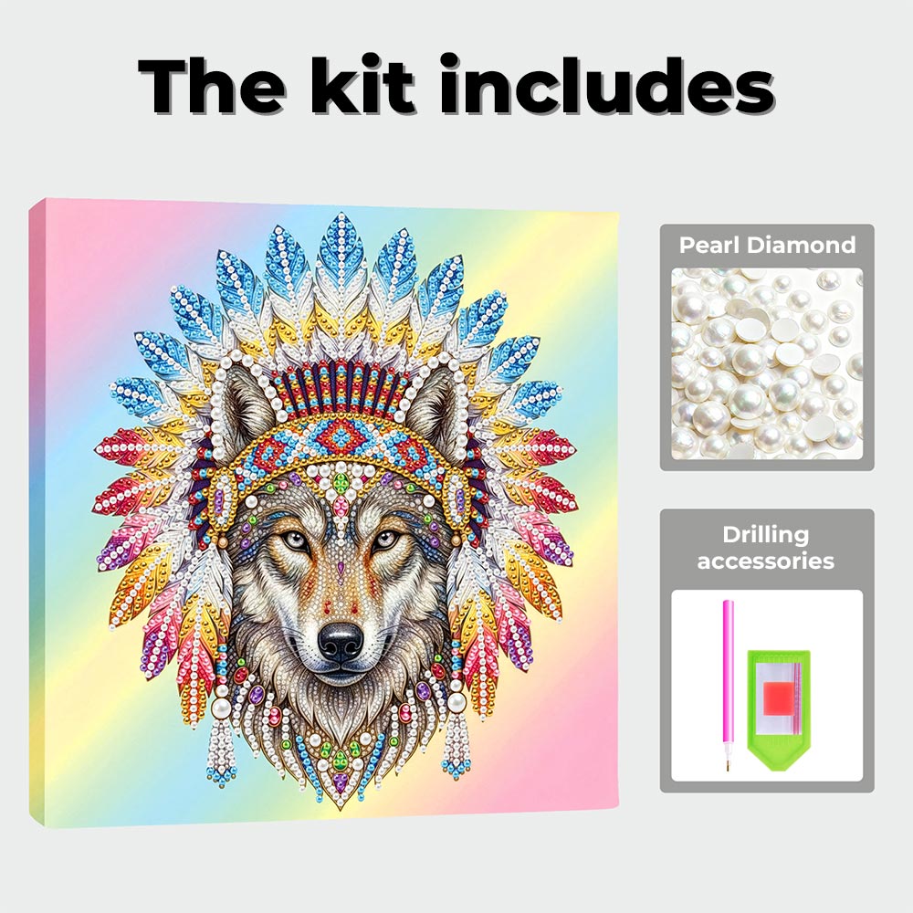 Diamond Painting | Pearl Painting | Tribal Wolf adorned with Feathers