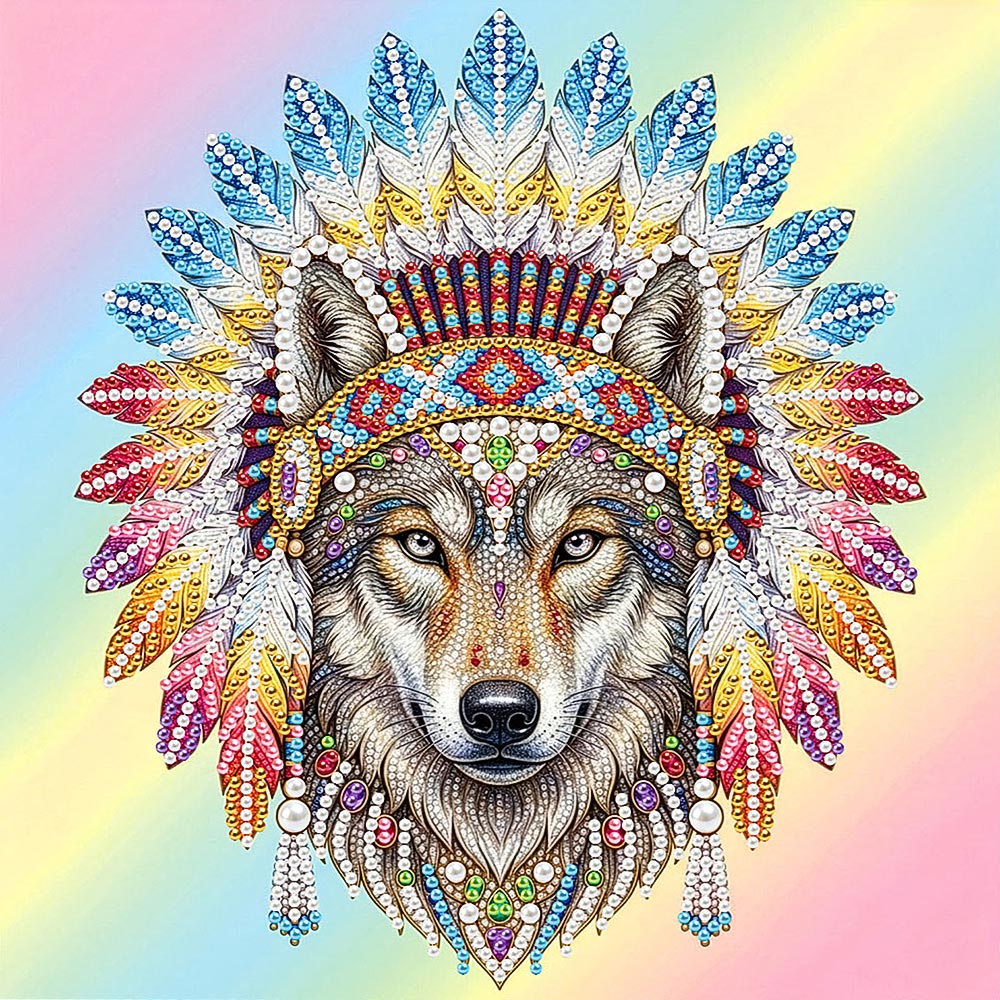 Diamond Painting | Pearl Painting | Tribal Wolf adorned with Feathers