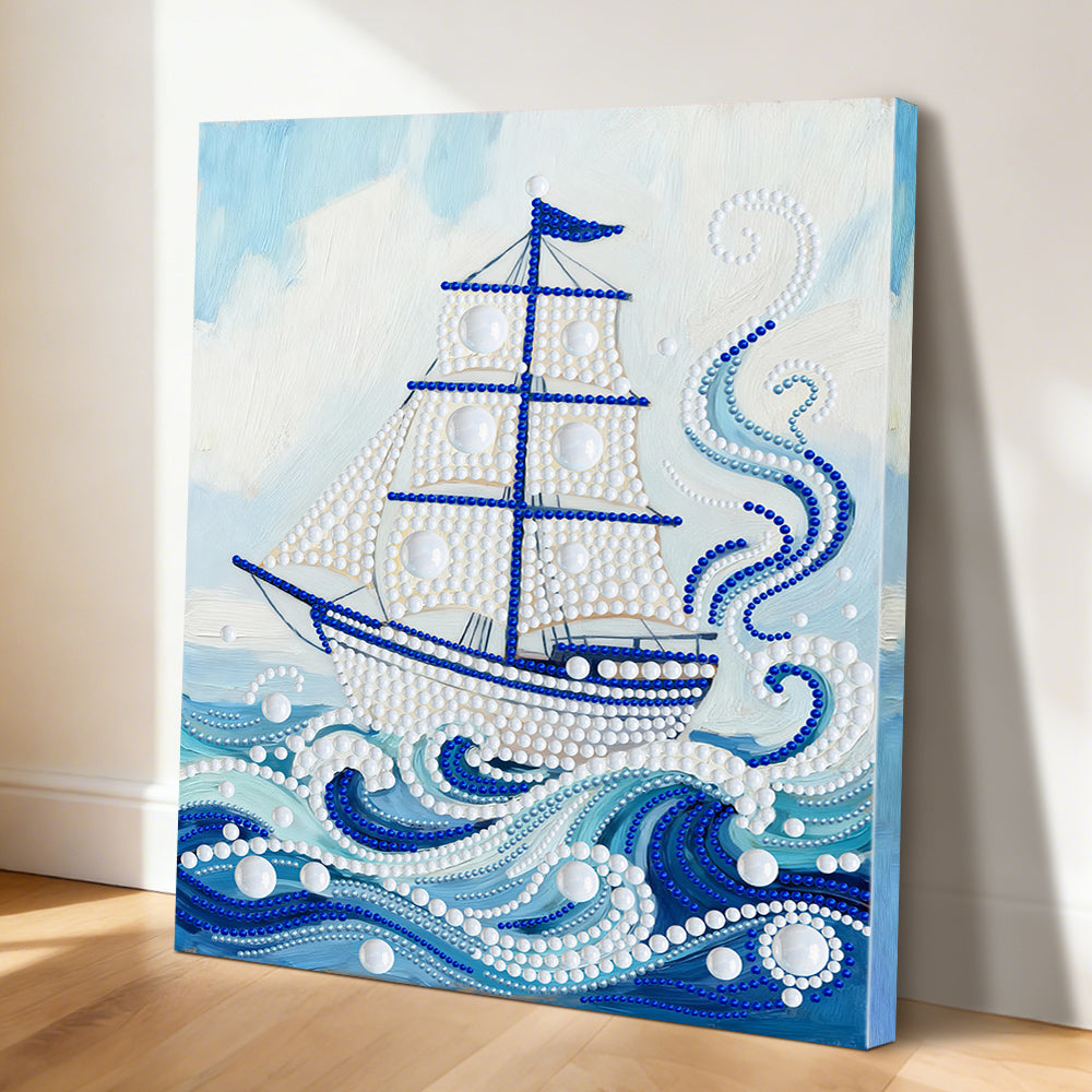Diamond Painting | Pearl Painting | White Sailboat on Blue Waves