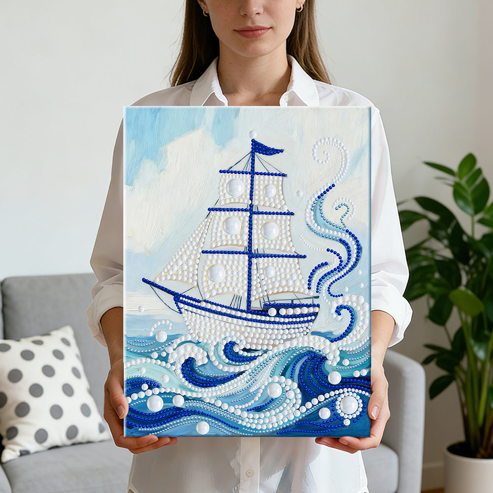 Diamond Painting | Pearl Painting | White Sailboat on Blue Waves