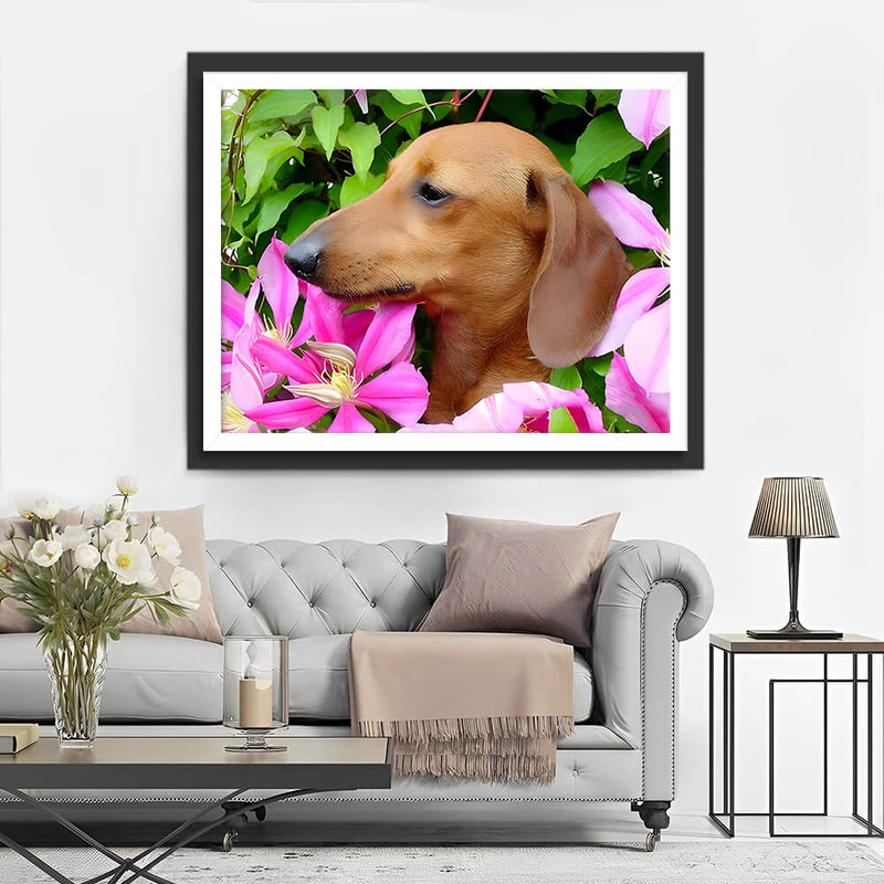 Dog among Flowers Diamond Painting