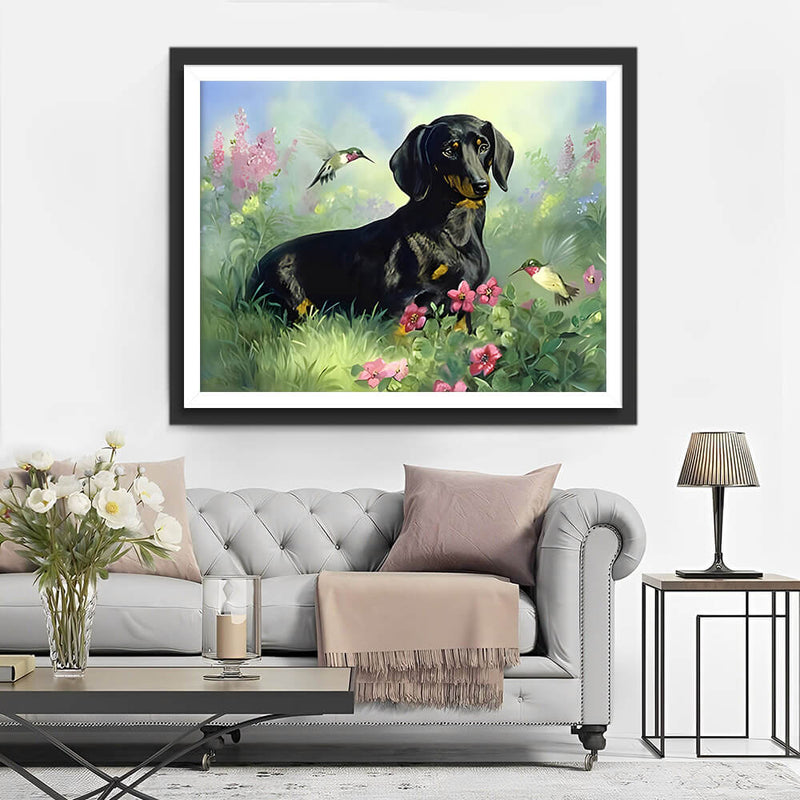 Dog and Birds among Grass Diamond Painting