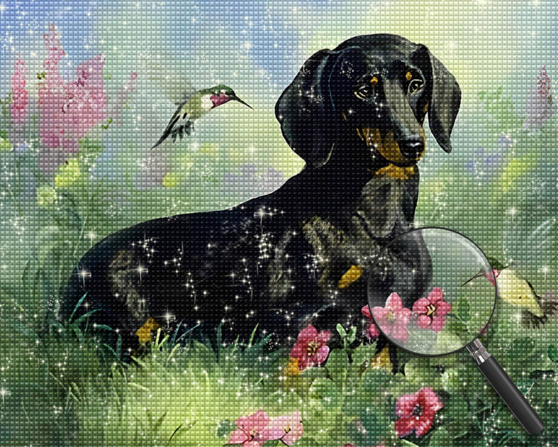Dog and Birds among Grass Diamond Painting