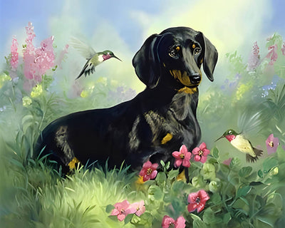 Dog and Birds among Grass Diamond Painting