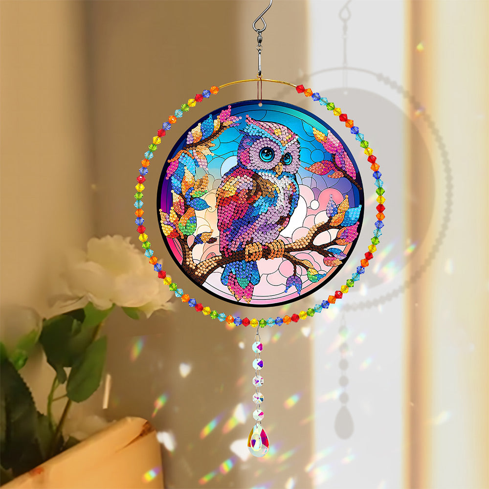 Double-Sided Diamond Painting Crystal Suncatcher Hanging Ornament - Rainbow Owl