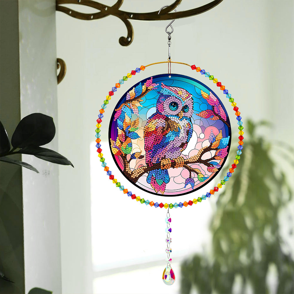Double-Sided Diamond Painting Crystal Suncatcher Hanging Ornament - Rainbow Owl