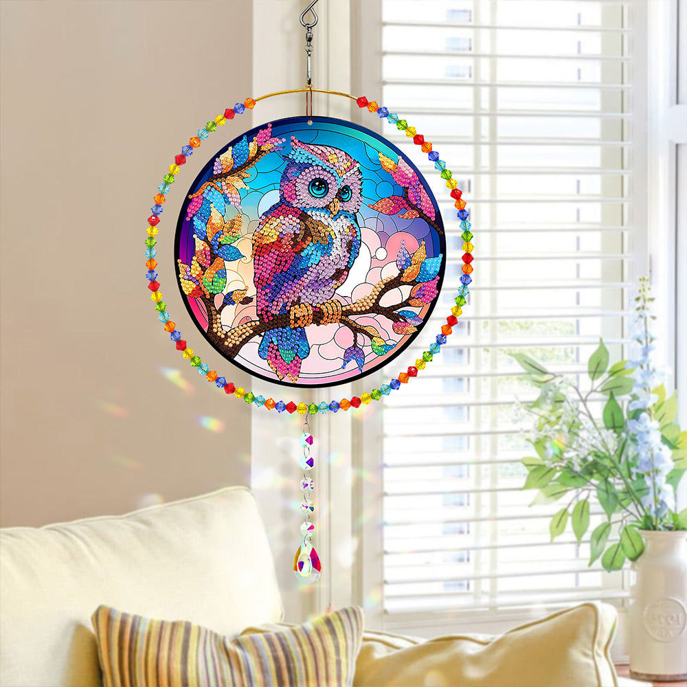 Double-Sided Diamond Painting Crystal Suncatcher Hanging Ornament - Rainbow Owl