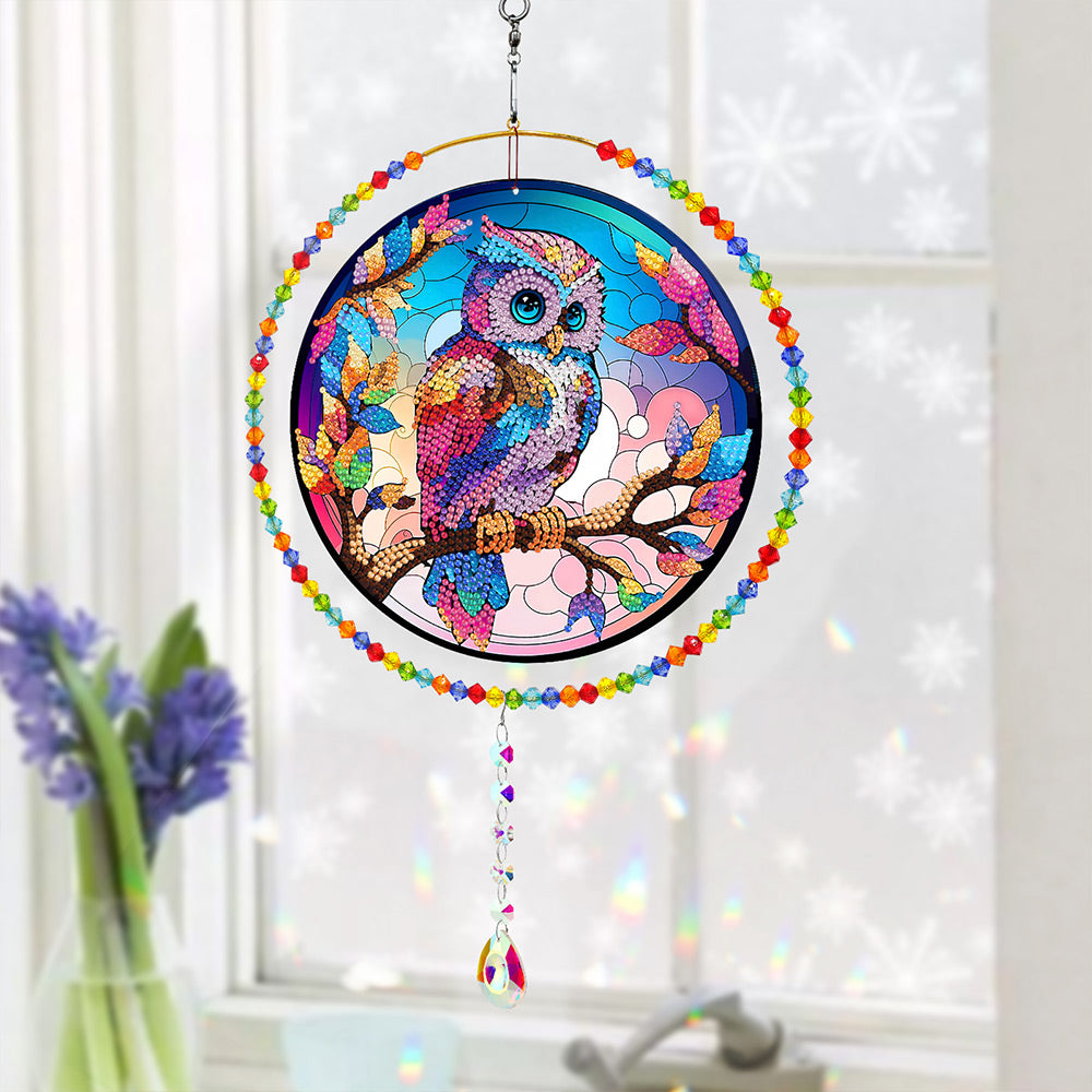 Double-Sided Diamond Painting Crystal Suncatcher Hanging Ornament - Rainbow Owl