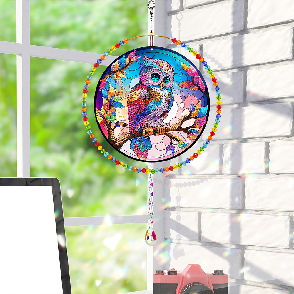 Double-Sided Diamond Painting Crystal Suncatcher Hanging Ornament - Rainbow Owl