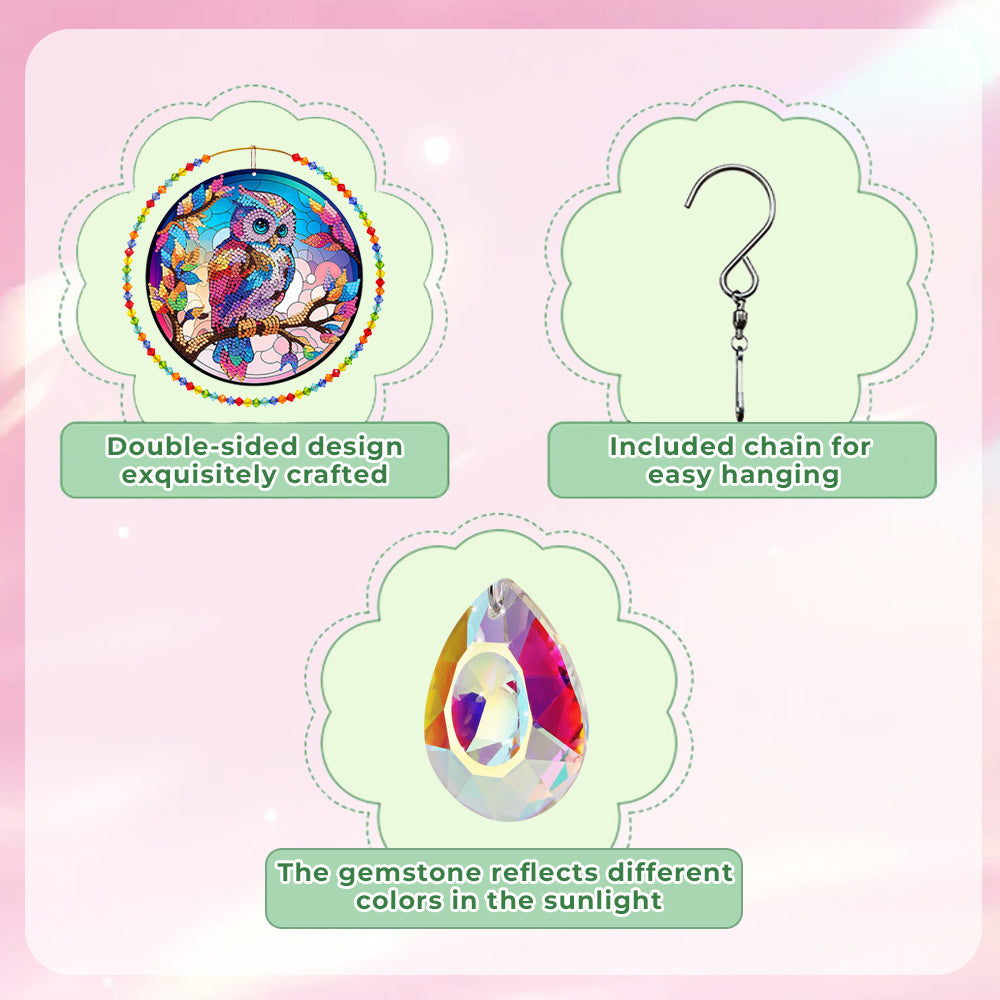 Double-Sided Diamond Painting Crystal Suncatcher Hanging Ornament - Rainbow Owl