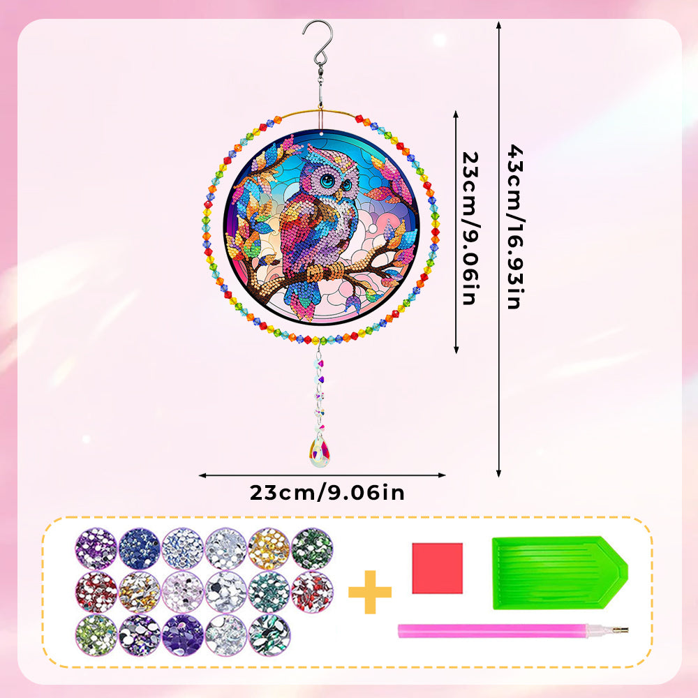 Double-Sided Diamond Painting Crystal Suncatcher Hanging Ornament - Rainbow Owl