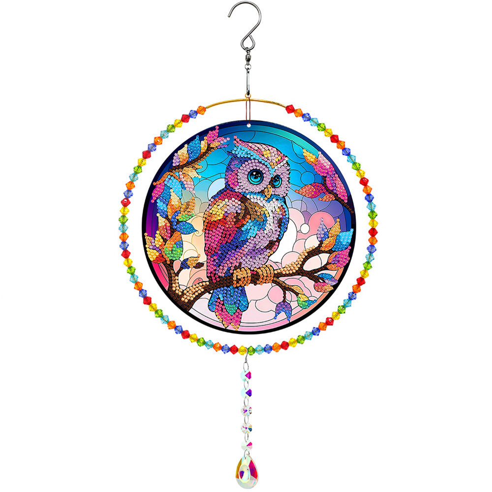 Double-Sided Diamond Painting Crystal Suncatcher Hanging Ornament - Rainbow Owl
