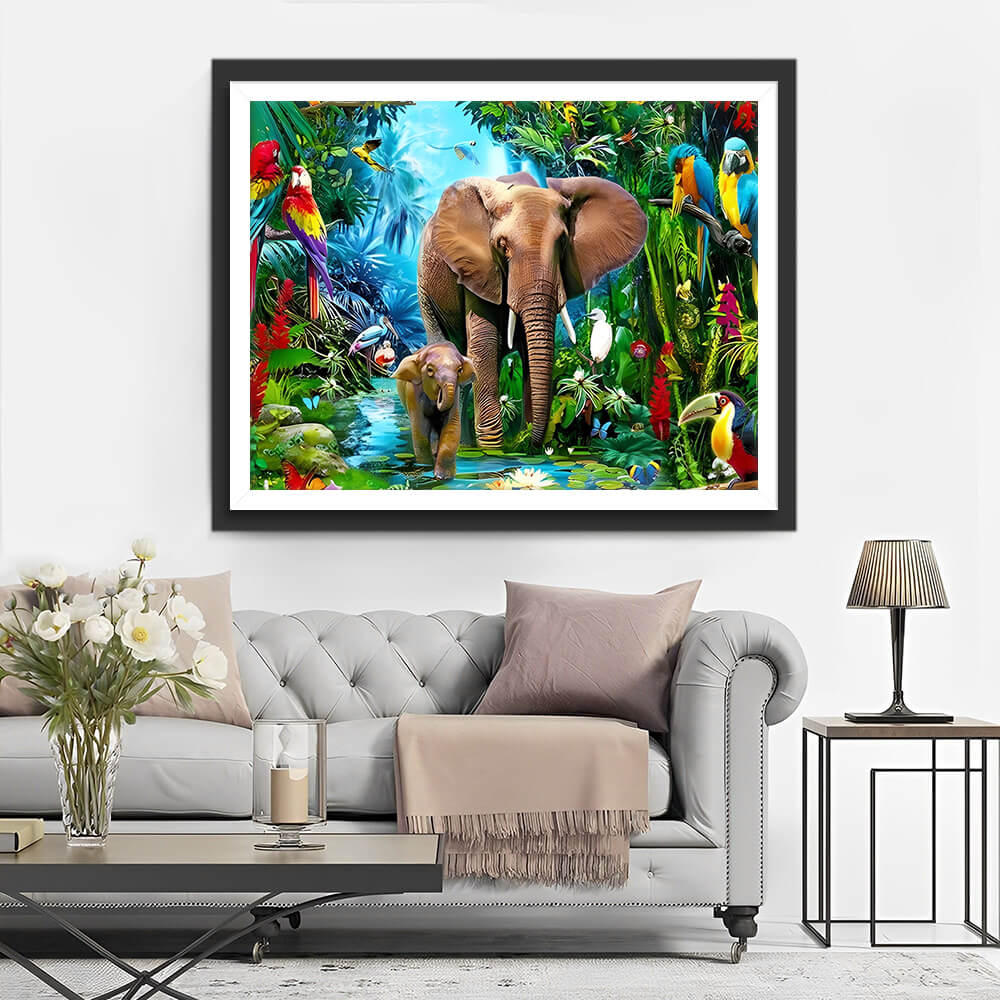 Elephants and Parrots in the Rainforest Diamond Painting