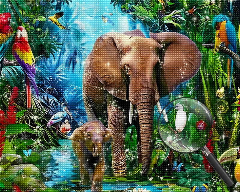 Elephants and Parrots in the Rainforest Diamond Painting