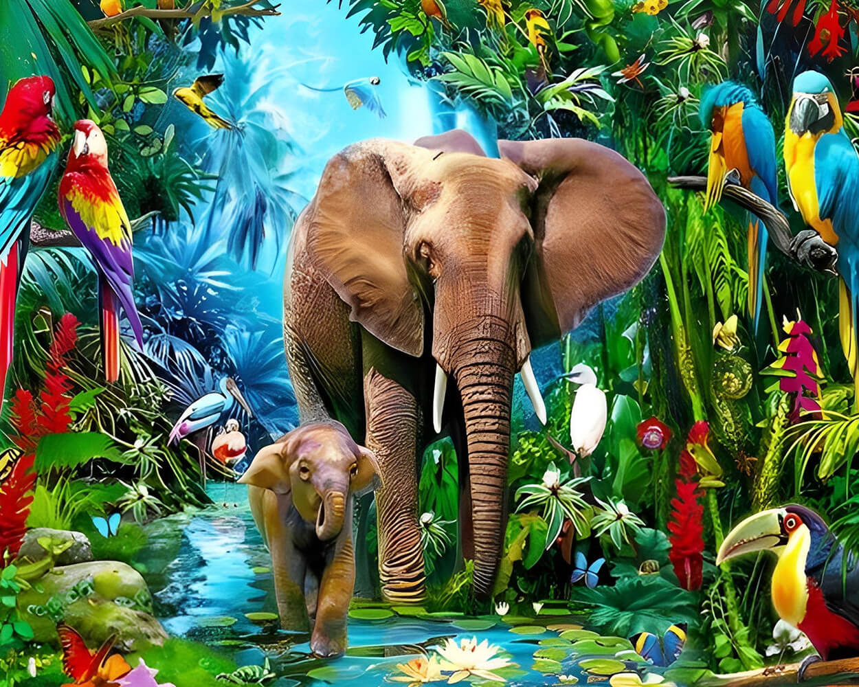 Elephants and Parrots in the Rainforest Diamond Painting
