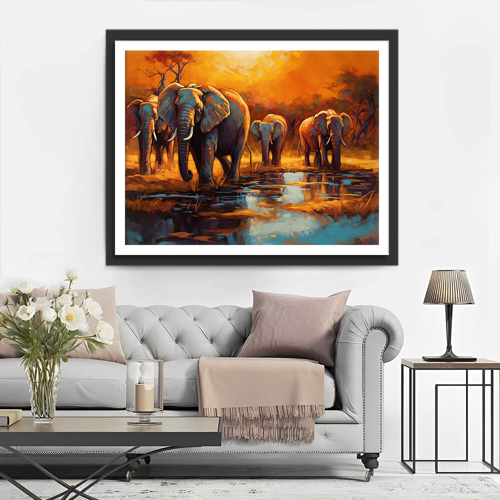 Elephants by the River at Sunset Diamond Painting