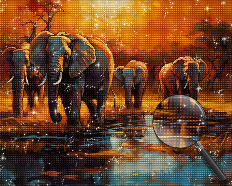 Elephants by the River at Sunset Diamond Painting