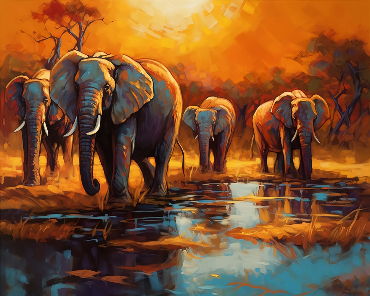 Elephants by the River at Sunset Diamond Painting