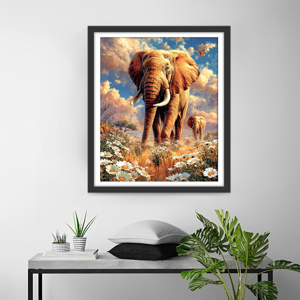 Elephants in a Daisy Field Diamond Painting