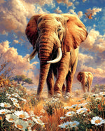 Elephants in a Daisy Field Diamond Painting