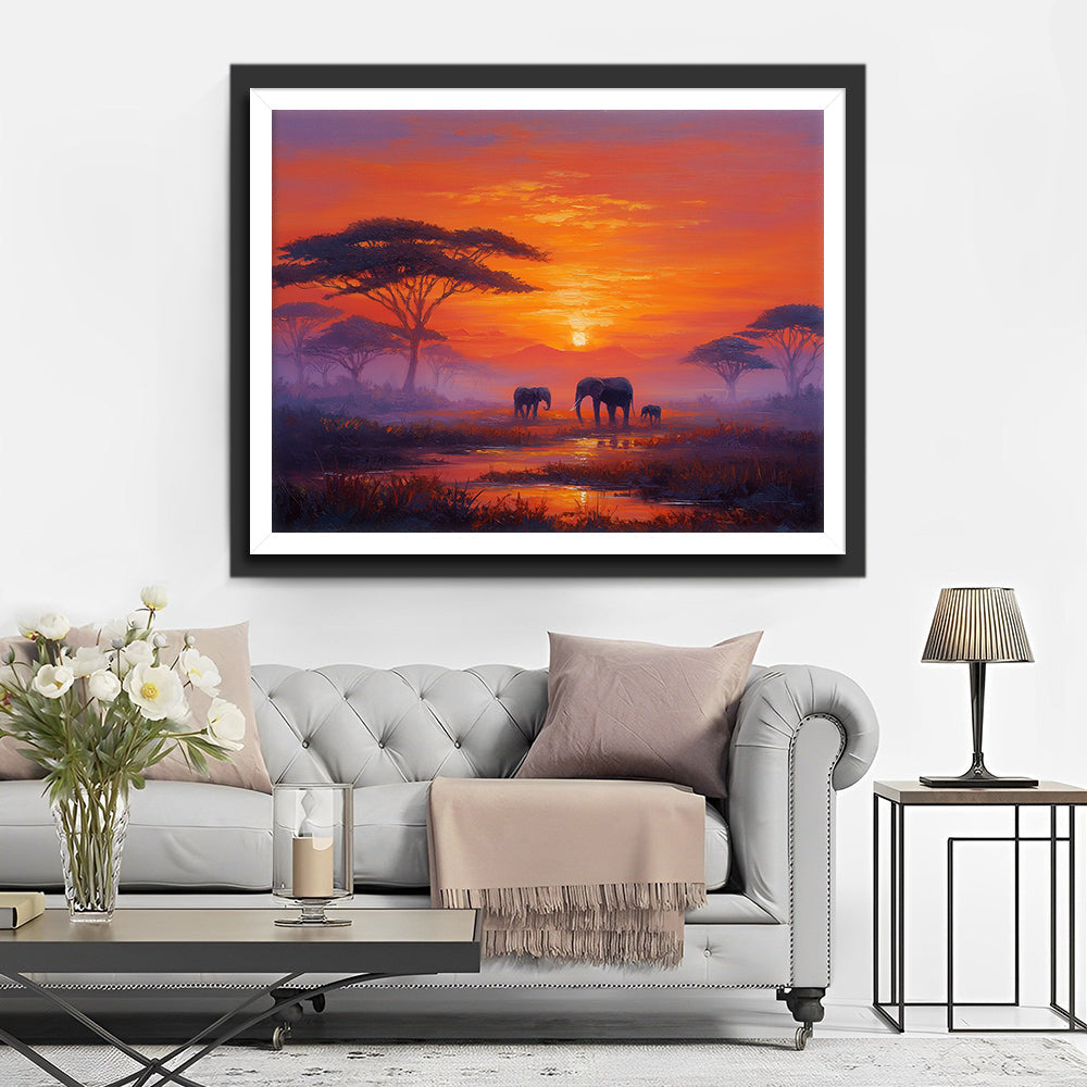 Elephants on the African Savanna at Sunset Diamond Painting