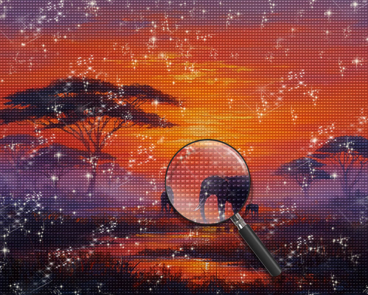 Elephants on the African Savanna at Sunset Diamond Painting