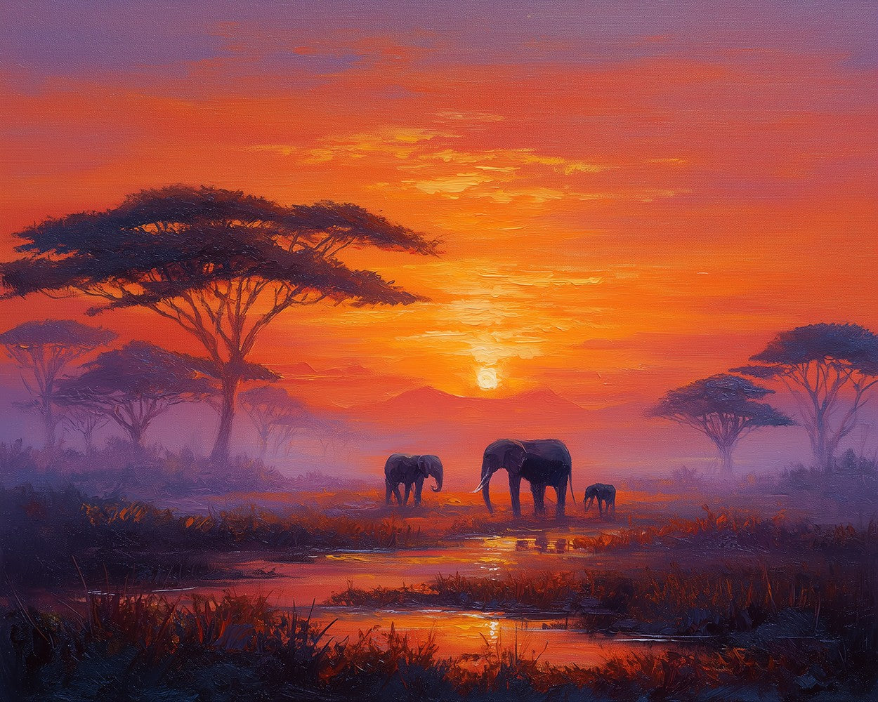 Elephants on the African Savanna at Sunset Diamond Painting