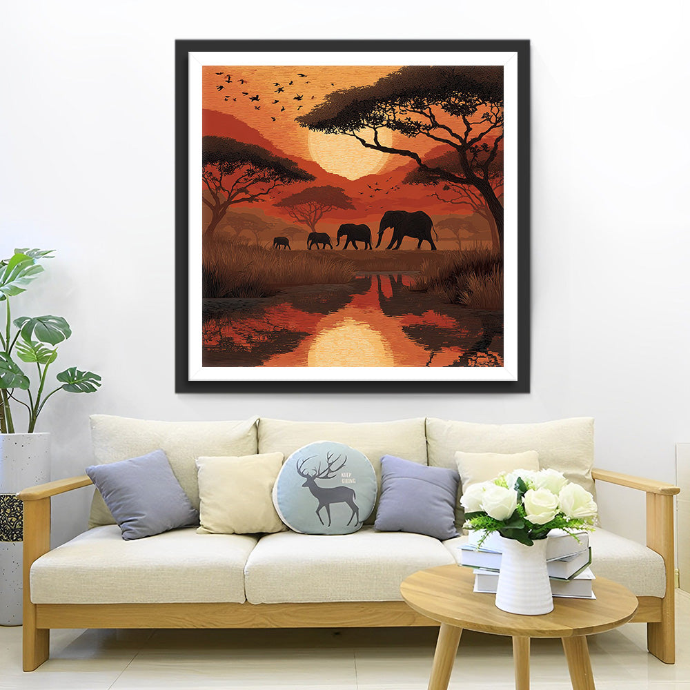 Elephants on the Grassland at Dusk Diamond Painting