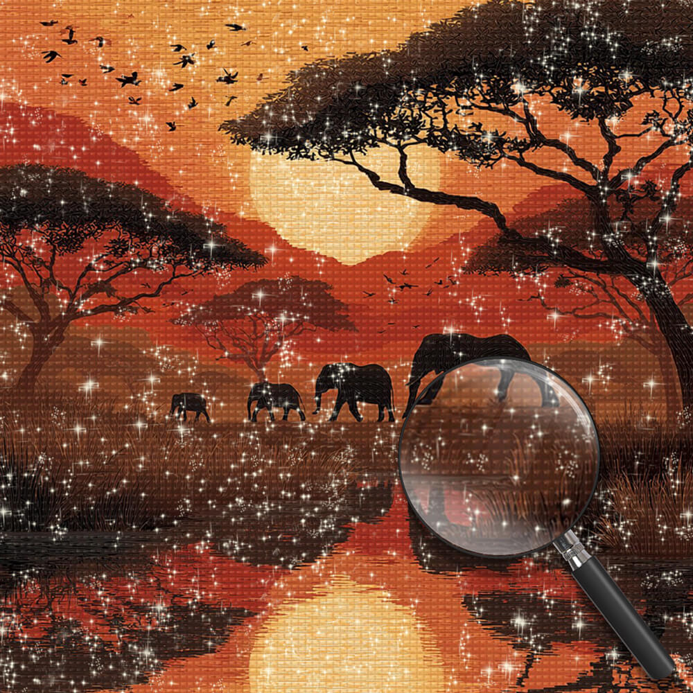 Elephants on the Grassland at Dusk Diamond Painting