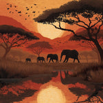 Elephants on the Grassland at Dusk Diamond Painting