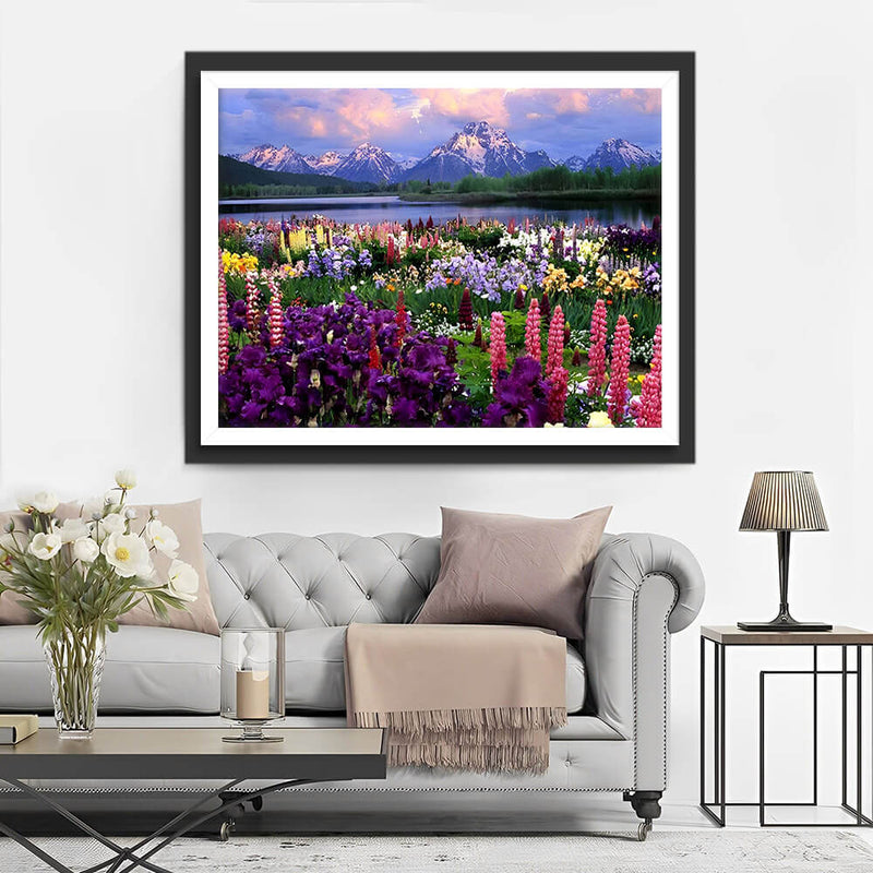 Flower Field and Mountains by the Lake Diamond Painting