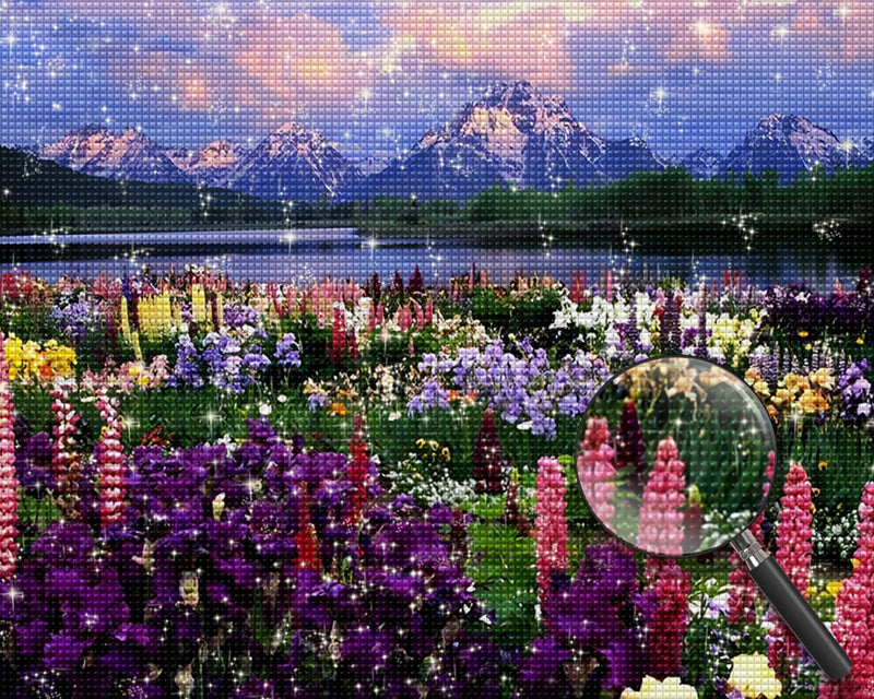 Flower Field and Mountains by the Lake Diamond Painting