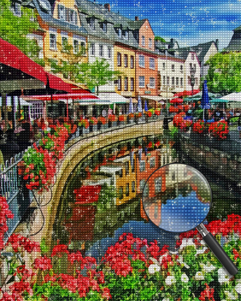 Flowers and Buildings along the River Diamond Painting