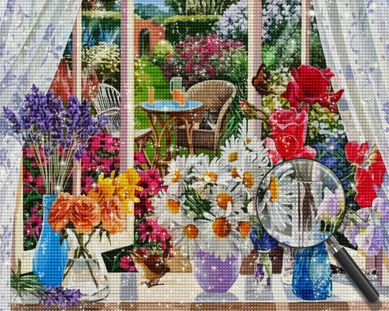 Flowers on Windowsill Diamond Painting