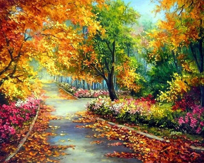 Forest Road Covered with Autumn Leaves Diamond Painting