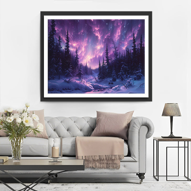 Forest with Violet Aurora Diamond Painting