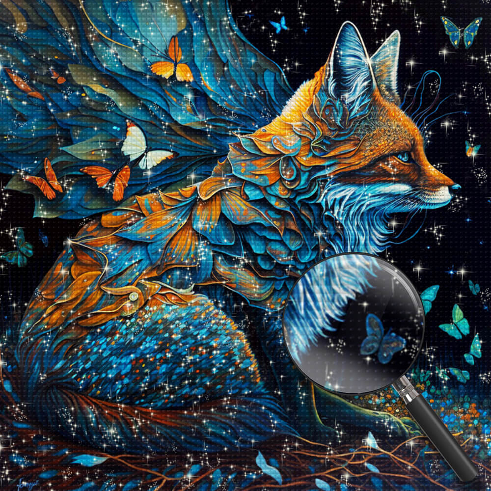 Fox and Butterflies in the Dark Diamond Painting