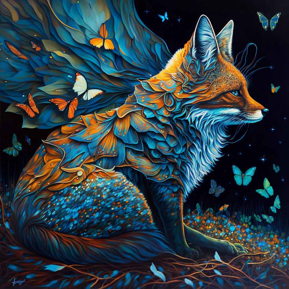 Fox and Butterflies in the Dark Diamond Painting