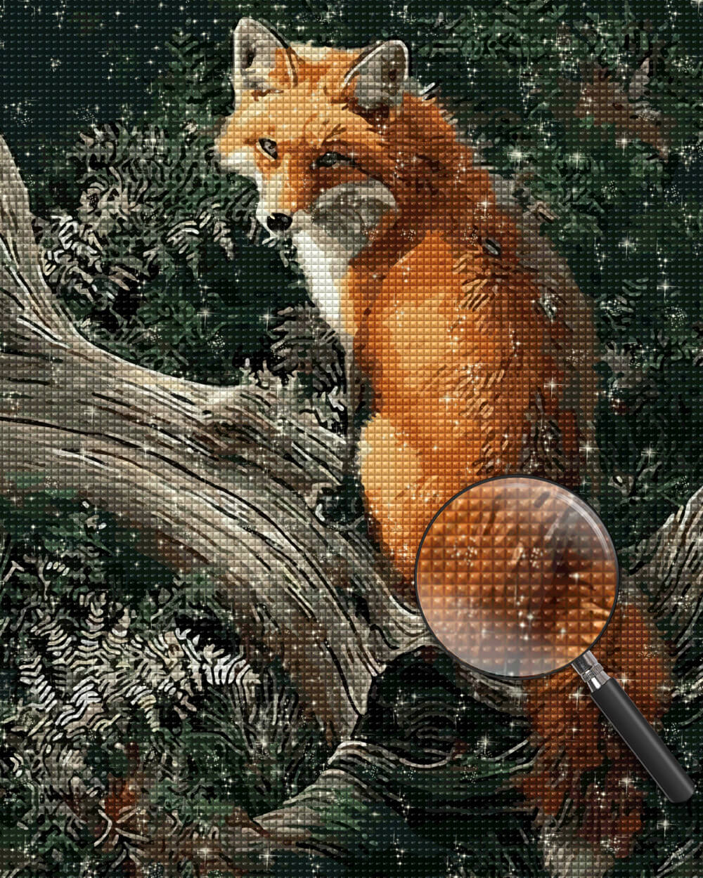 Fox Sitting on a Dead Tree Trunk Diamond Painting