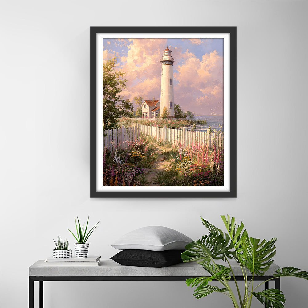 Garden Path beside the White Lighthouse Diamond Painting