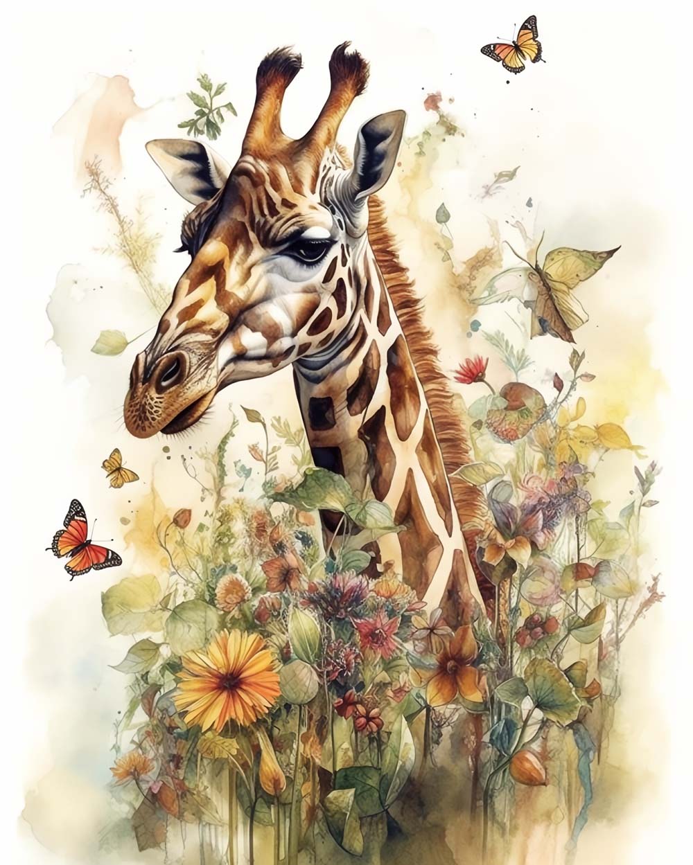 Giraffe, Butterflies and Flowers Diamond Painting