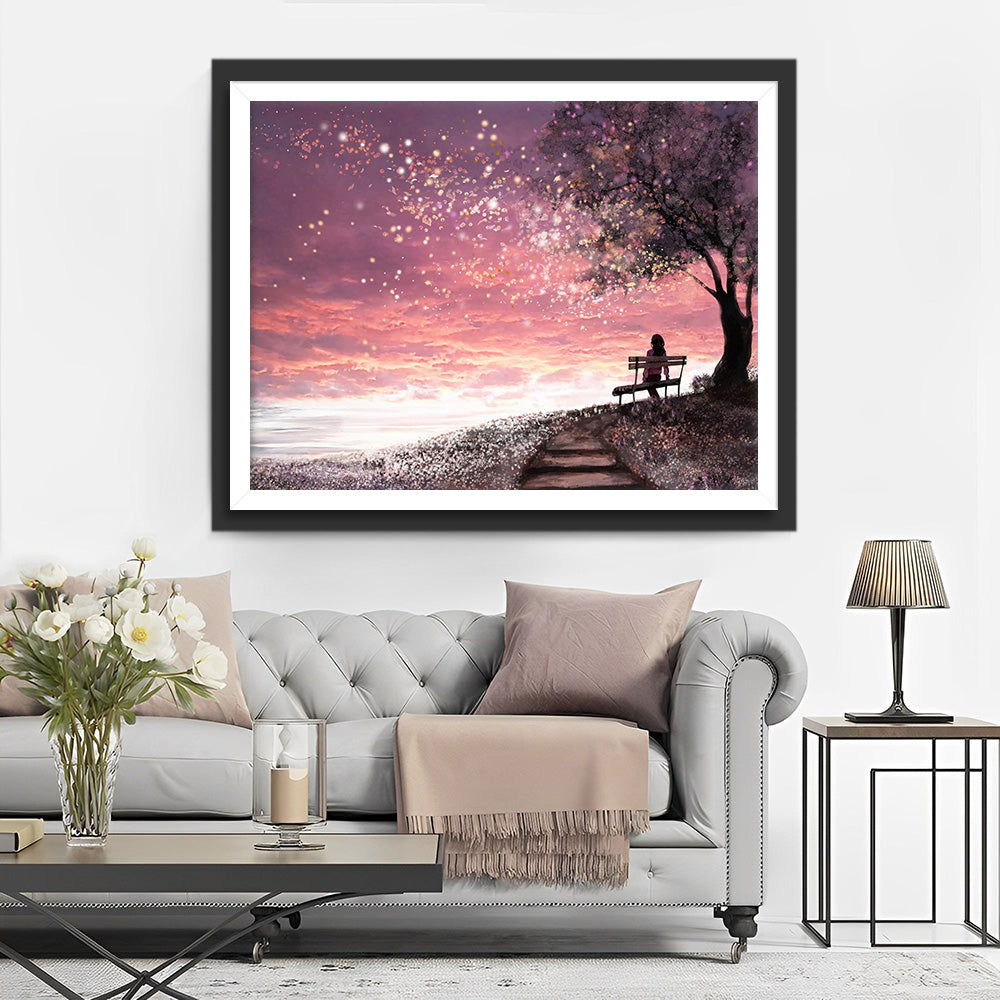 Girl on a Bench Looking up at Stars Diamond Painting