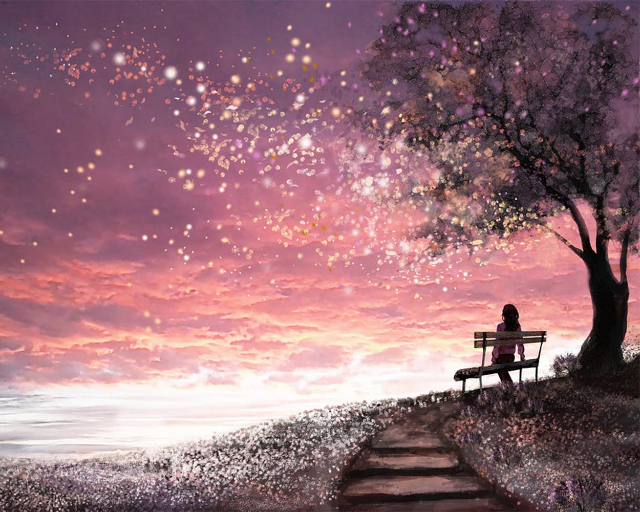 Girl on a Bench Looking up at Stars Diamond Painting