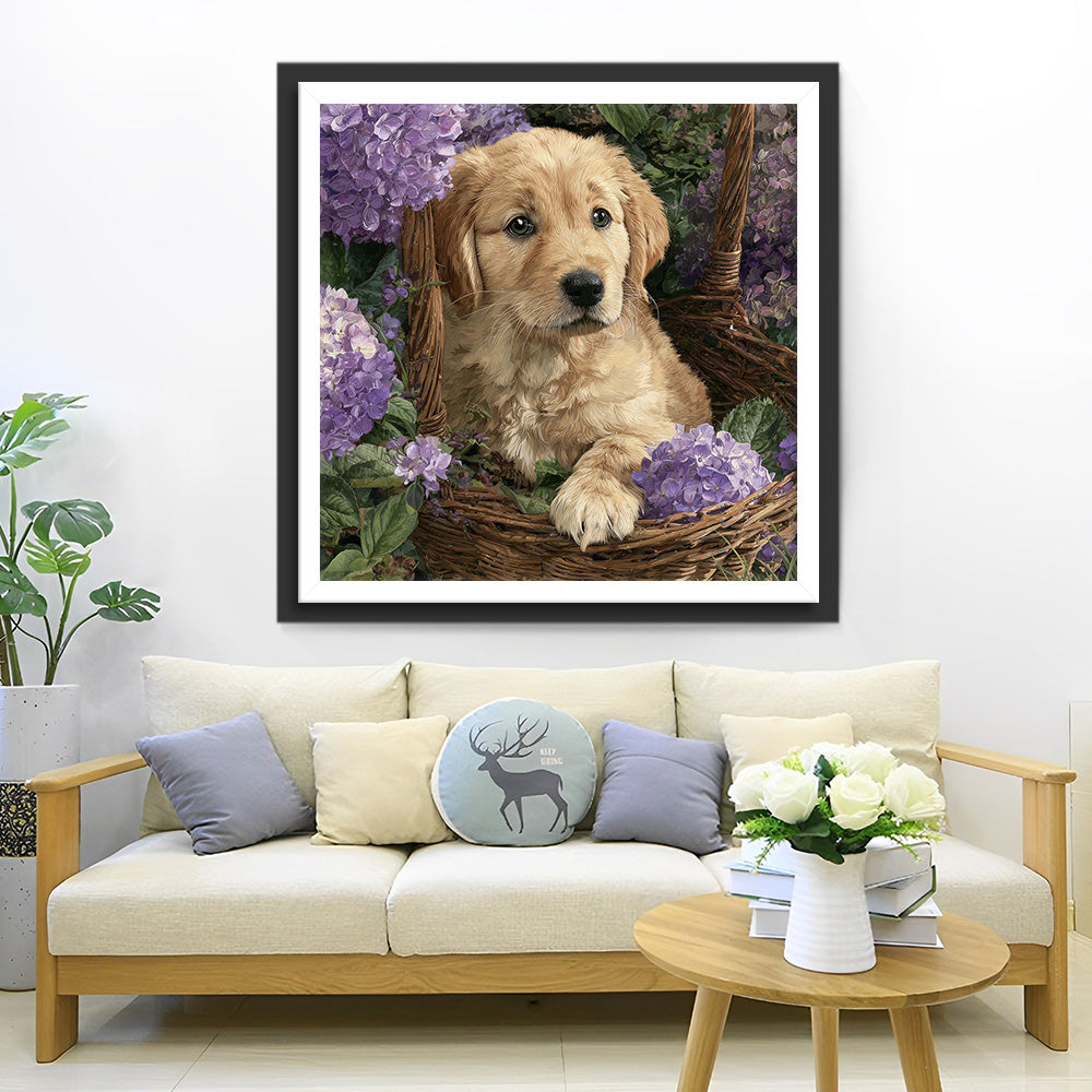 Golden Retriever and Purple Hydrangea Diamond Painting