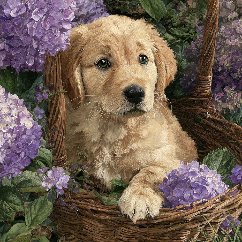 Golden Retriever and Purple Hydrangea Diamond Painting