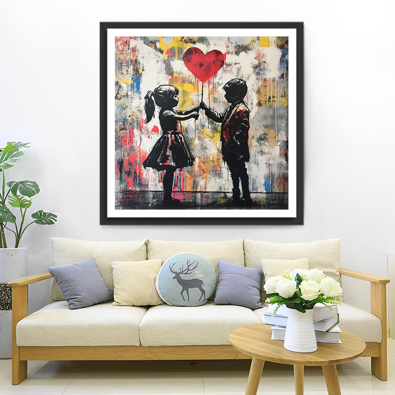 Graffiti Boy and Girl Holding a Heart Balloon Diamond Painting