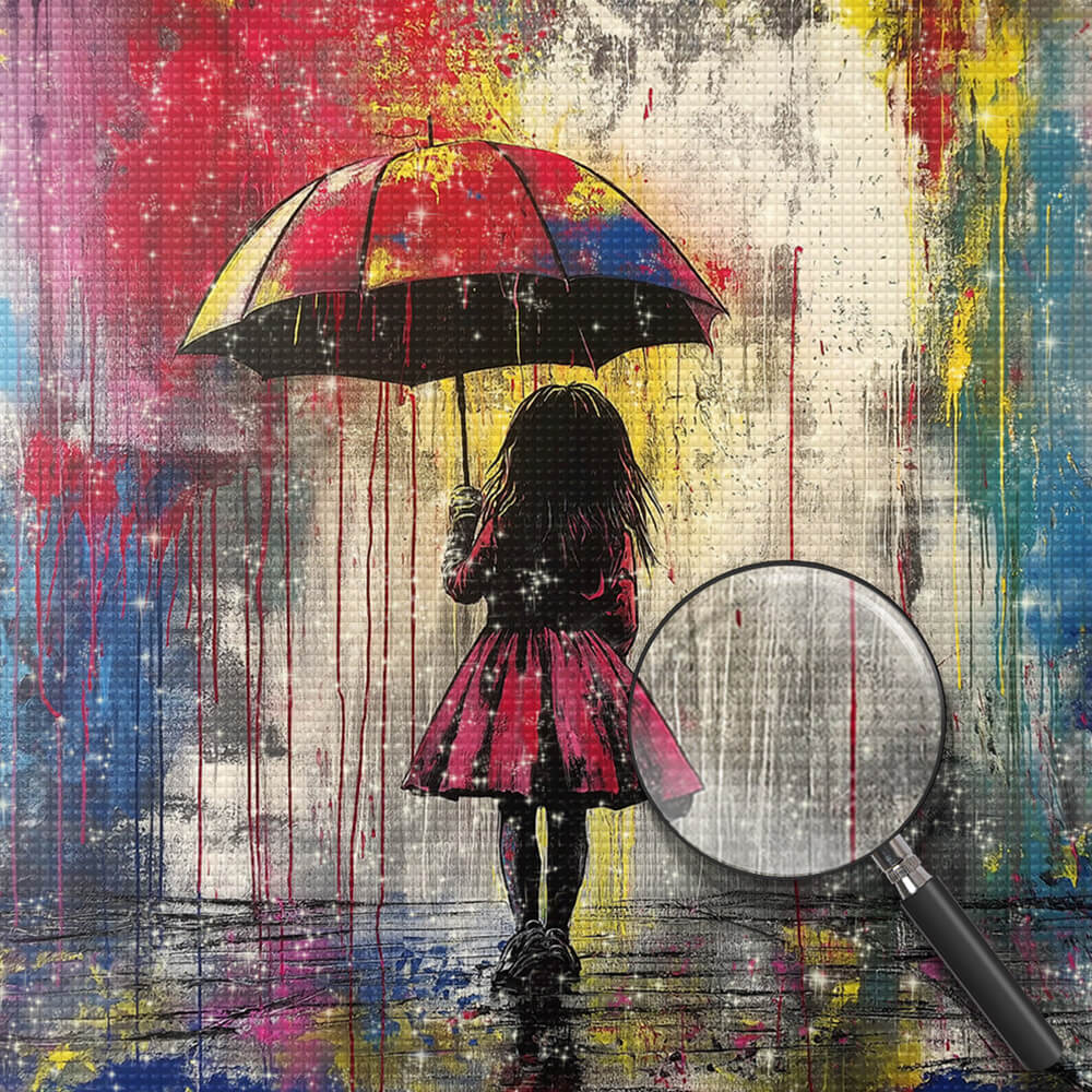 Graffiti Style Little Girl in Red Holding an Umbrella Diamond Painting